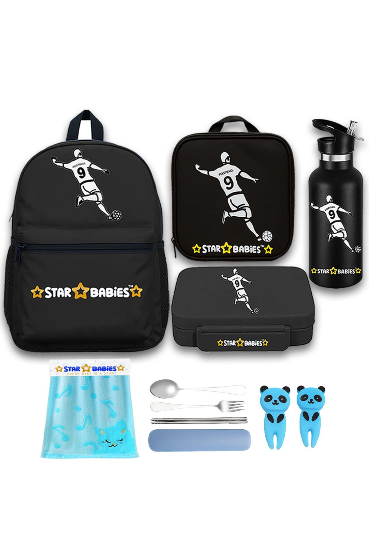 Star Babies Set of 4 – Football Theme 16" School Bag, 4-Compartment Lunch Box, Insulated Lunch Bag, 500ml Water Bottle