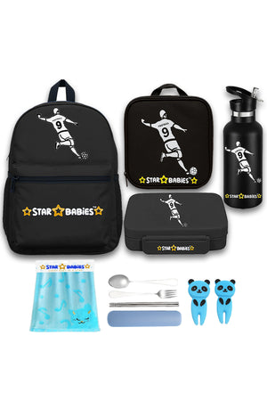 Star Babies Set of 4 – Football Theme 16" School Bag, 4-Compartment Lunch Box, Insulated Lunch Bag, 500ml Water Bottle