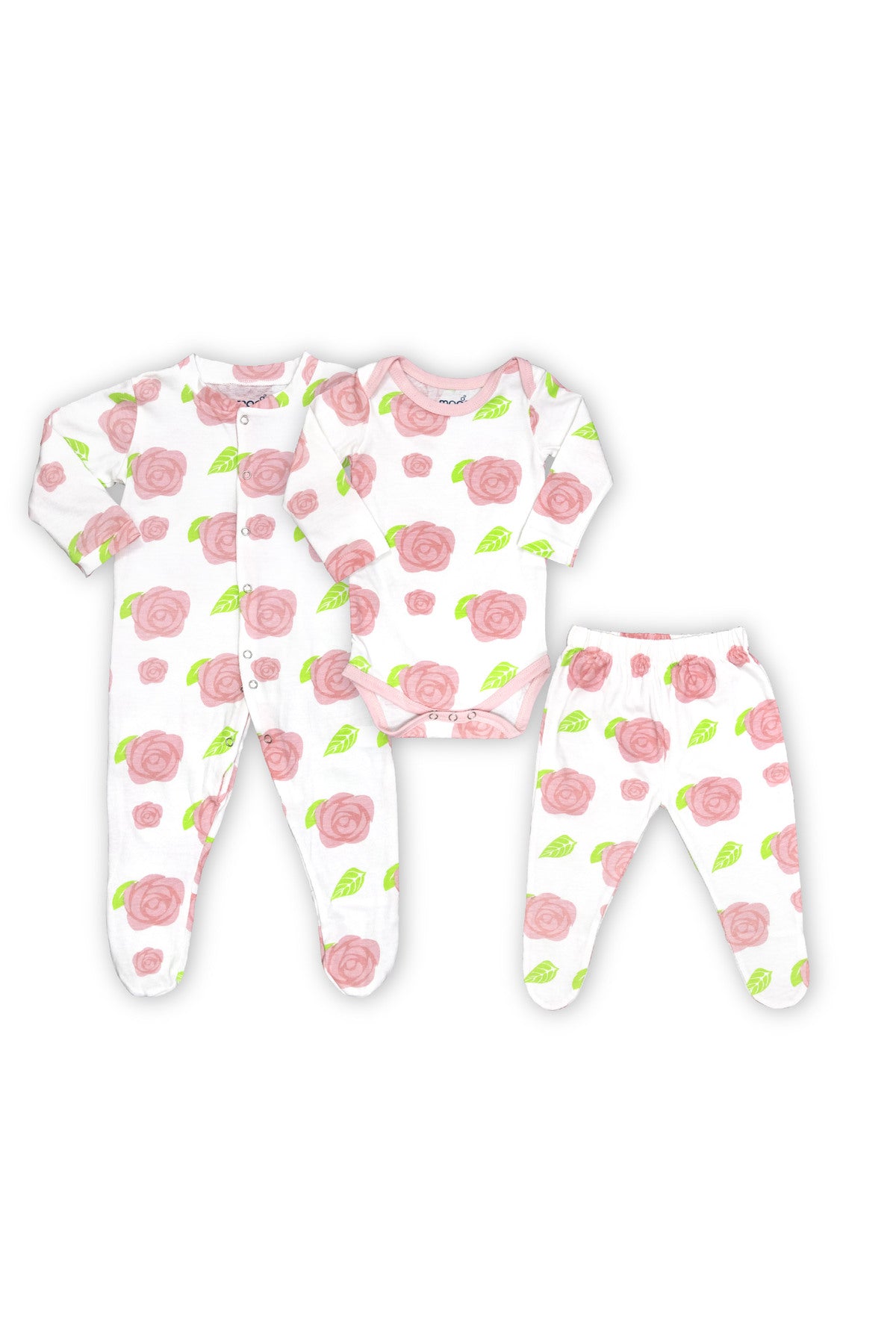 MOON Organic Baby 3 in 1 Gift Set- Romper-Body Suit-Jogger for 0-3 Months - Rose Print