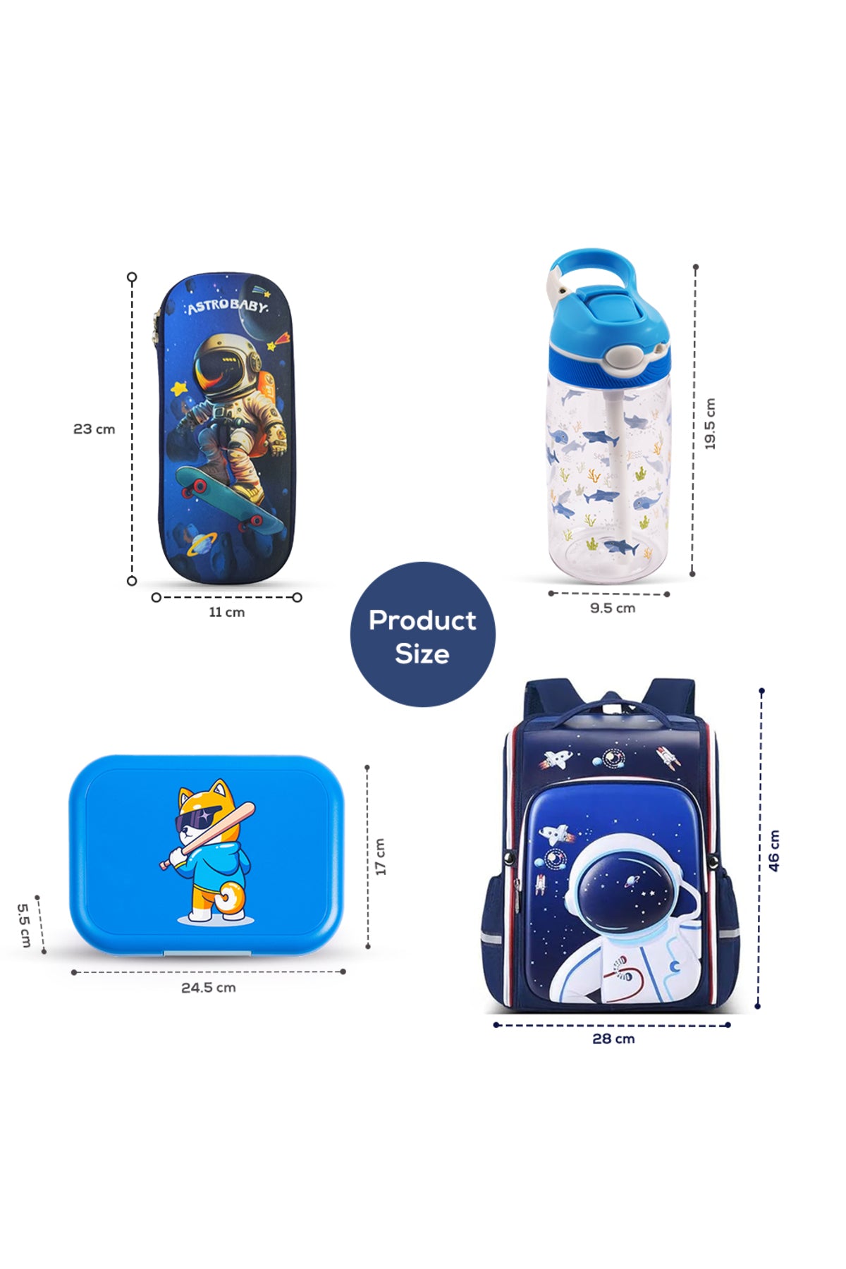Cocobee-Stylish Astronaut Print Backpack, Adjustable Strap, Secure Zip, 14.9 Inches – Blue +  Pencil Case +   Ocean Tritan Water Bottle 480ml – BPA-Free + Bento Lunch Box 765ml