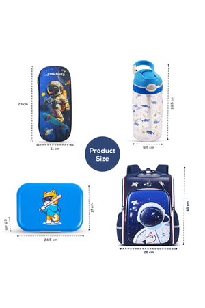 Cocobee-Stylish Astronaut Print Backpack, Adjustable Strap, Secure Zip, 14.9 Inches – Blue +  Pencil Case +   Ocean Tritan Water Bottle 480ml – BPA-Free + Bento Lunch Box 765ml