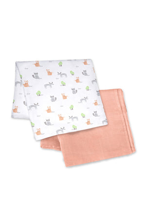 MOON Bamboo Muslin Wrap/ Swaddle-Forest Print & peach.