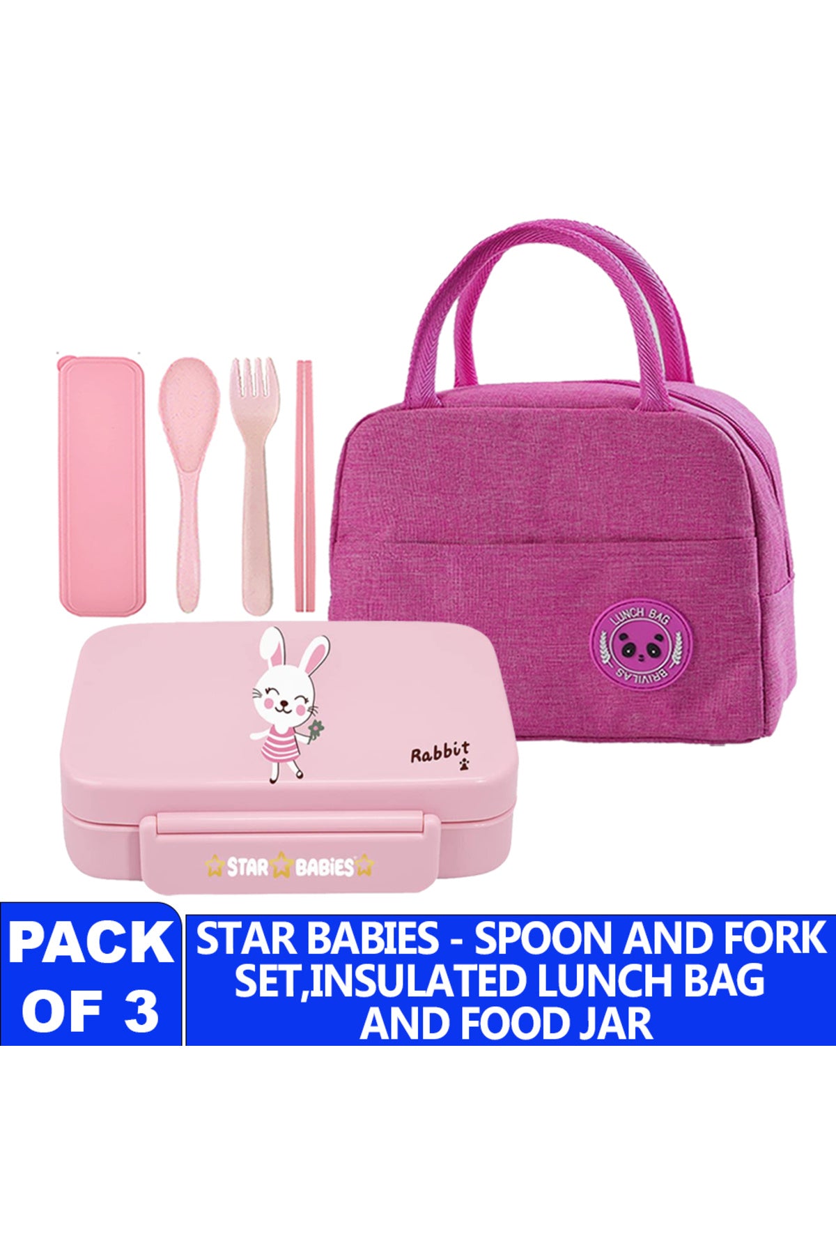Star Babies Insulated Mini Lunch Bag with 5 Compartment Lunch Box and Fork-Spoon Set- pink