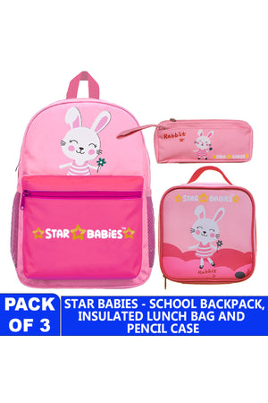 Star Babies 16-Inch Rabbit Themed Children's Backpack with Adjustable Shoulder Strap for Hiking Large with Bento Lunch Bag and Dual Zipper Pencil Case Pack of 3