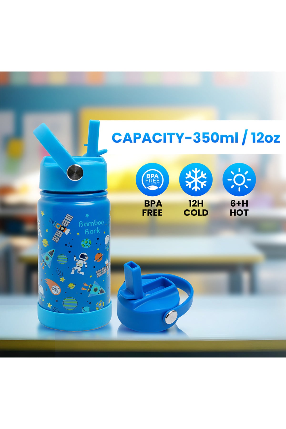Bamboo Bark Insulated Water Bottle with Straw & Handle – Stainless Steel Double Wall Thermos Flask for Hot & Cold Water, Leak-Proof & Reusable Kids Water Bottle