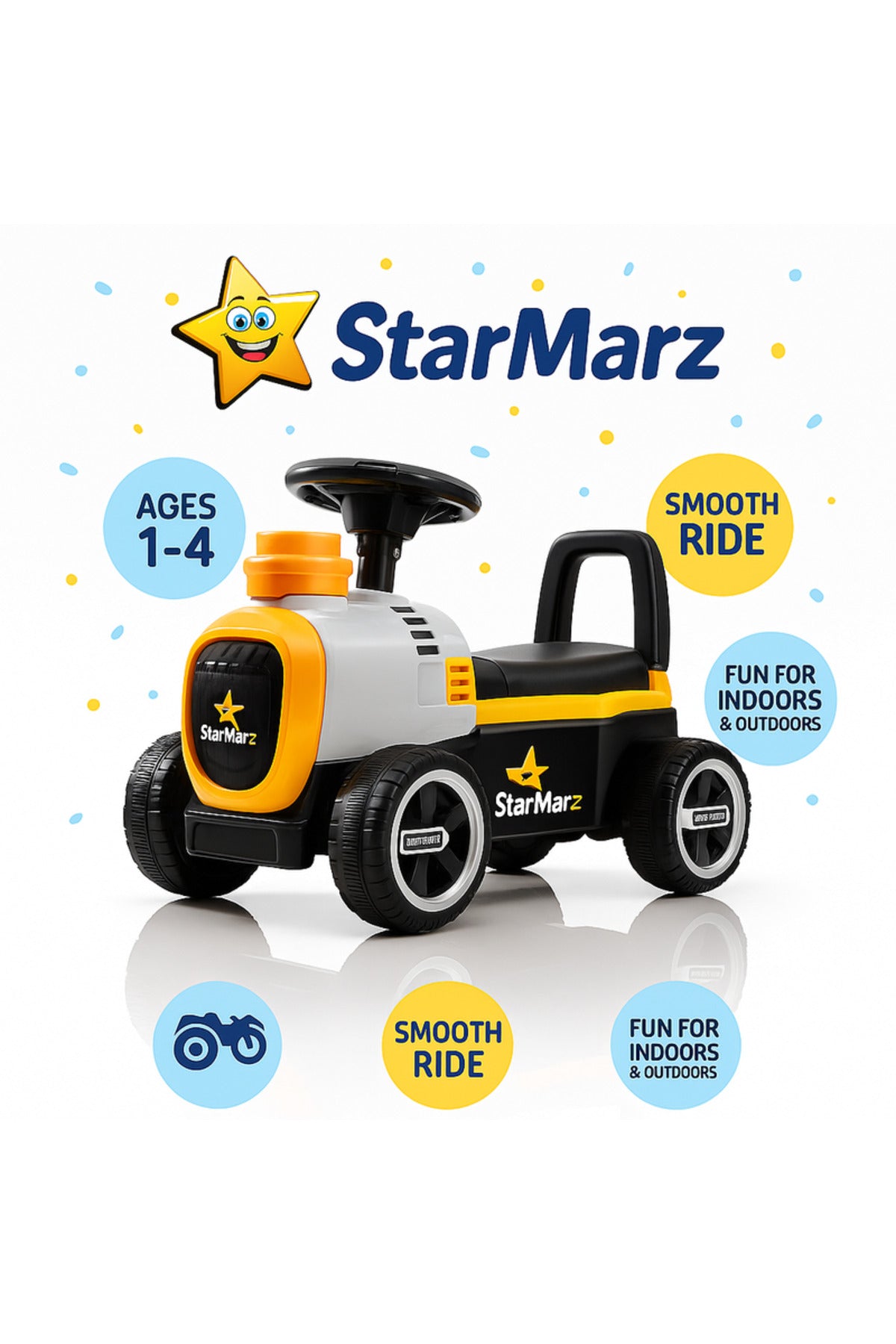 StarMarz Tractor Ride-On Car – Foot-to-Floor Baby Push Tractor with Steering Wheel, Rear Handle & Smooth Wheels – Indoor/Outdoor Toddler Ride-On Toy (1–4 Years) – Yellow & Black