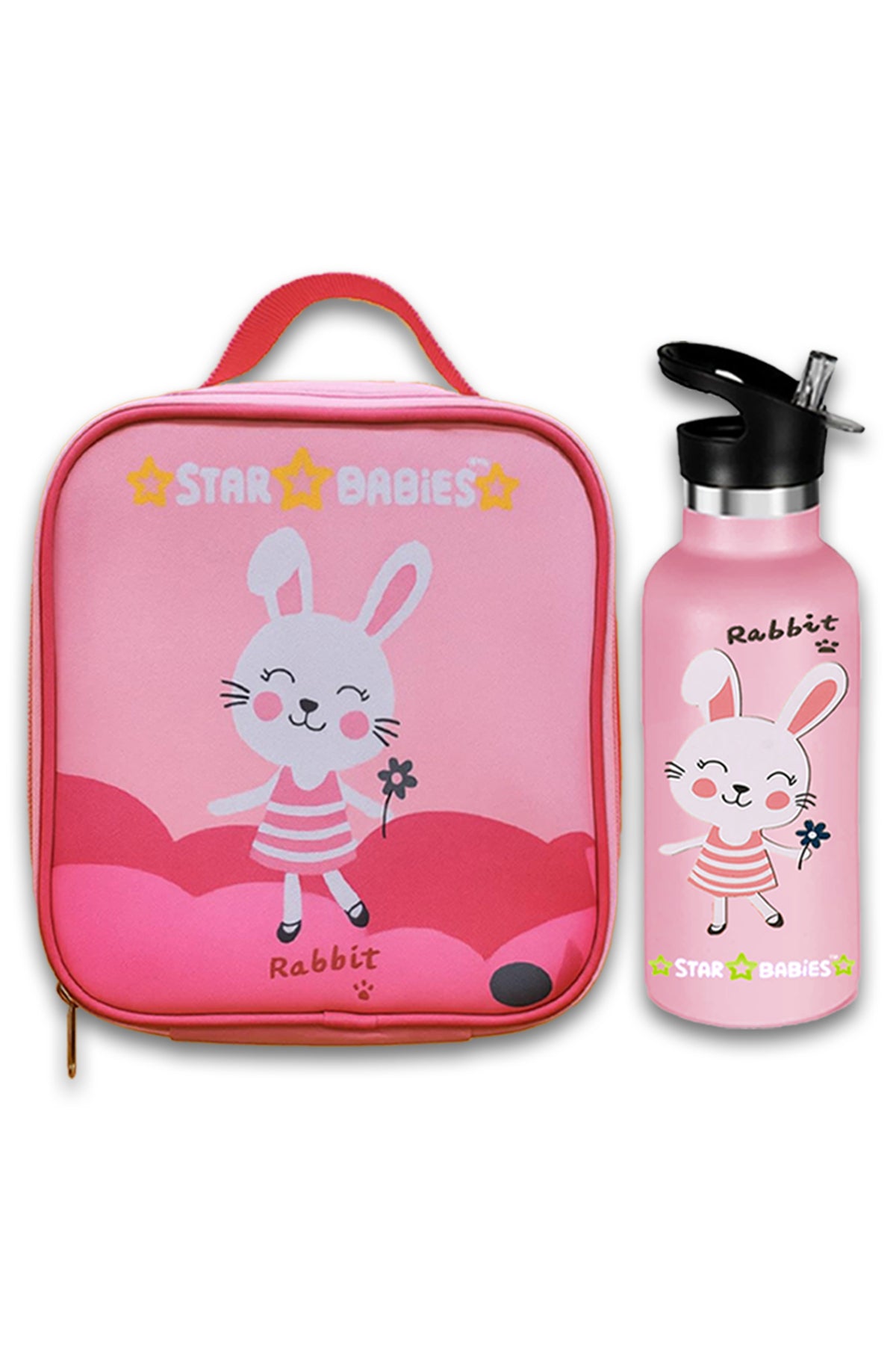 Star Babies Cute Rabbit Themed Bento Lunch Bag , Toddler-Friendly, 3 Years+, Easy to clean -with 500ml Stainless Steel Water bottle