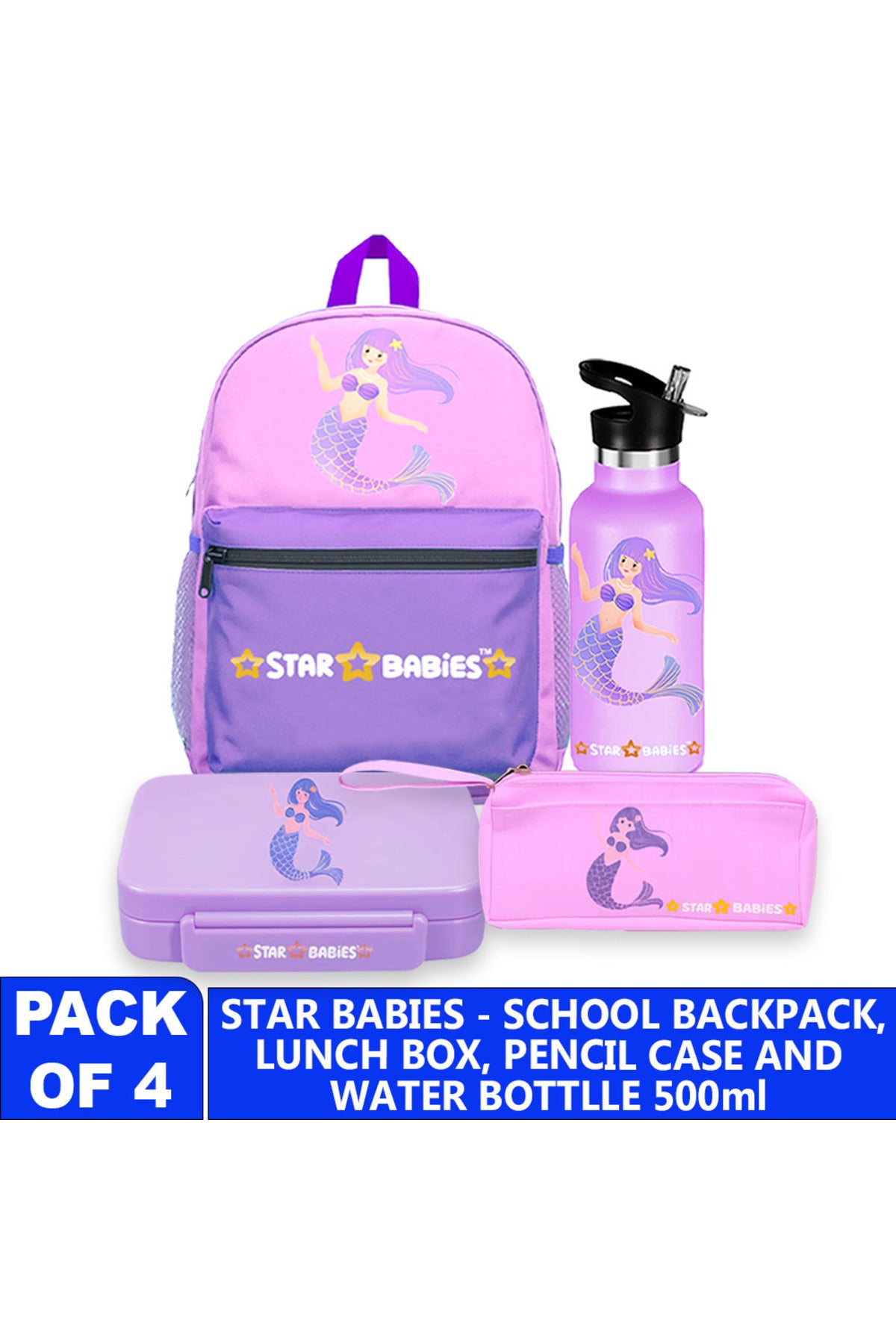 Star Babies 16-Inch Mermaid Themed Children's Backpack with 5 compartment Bento lunch box , Stainless steel water bottle and Dual Zipper Pencil Case