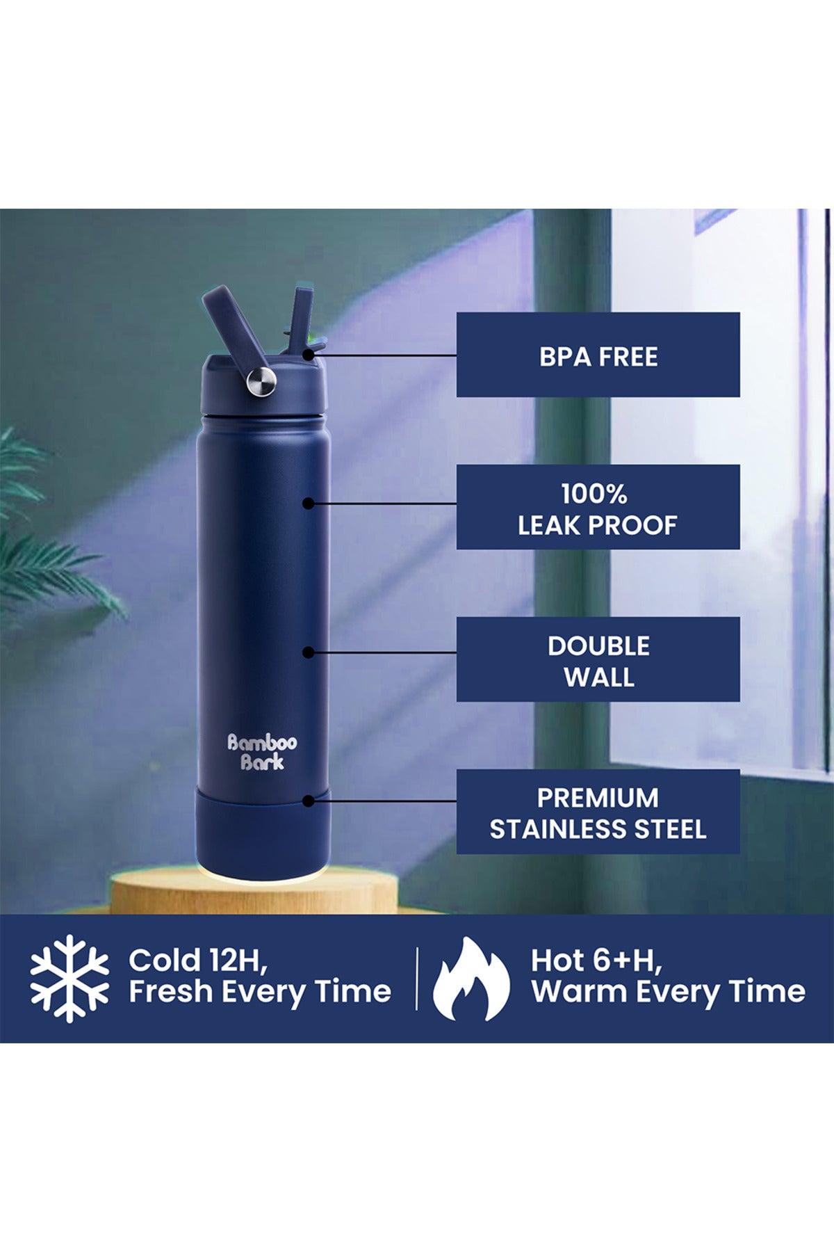 Bamboo Bark 750 ML Insulated Water Bottle with Sipper Lid – Stainless Steel Double Wall Vacuum Flask for Hot & Cold Water Leak-Proof, Reusable Sports Thermos Bottle - (Deep Navy)