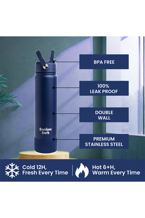 Bamboo Bark 750 ML Insulated Water Bottle with Sipper Lid – Stainless Steel Double Wall Vacuum Flask for Hot & Cold Water Leak-Proof, Reusable Sports Thermos Bottle - (Deep Navy)
