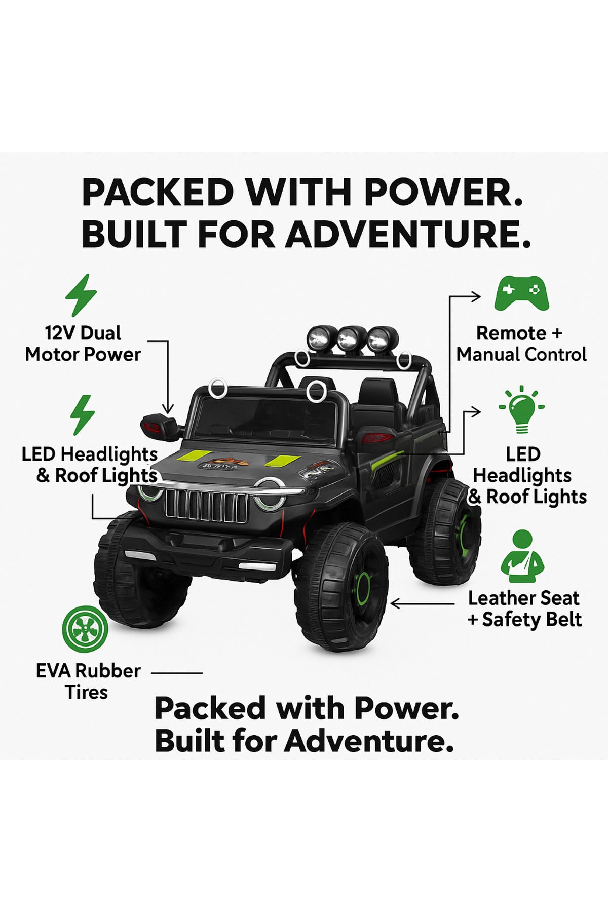 Urban Tots-Jeep-1166 Battery Operated Jeep For Kids With Wireless Remote Control, 12V8Ah Battery, 15000 Rpm Tyre Motor, 7000 Rpm Steering Motor-Black , Green & White Green