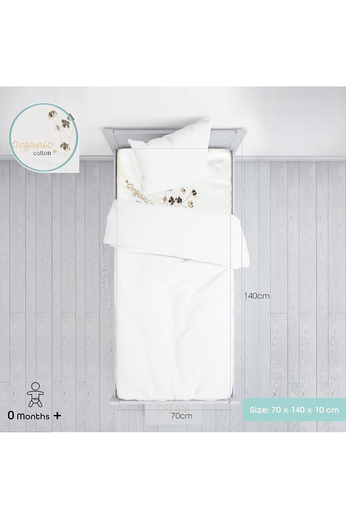 MOON  organic Toddler Crib & bed mattress - Size 140x70x10 cm
