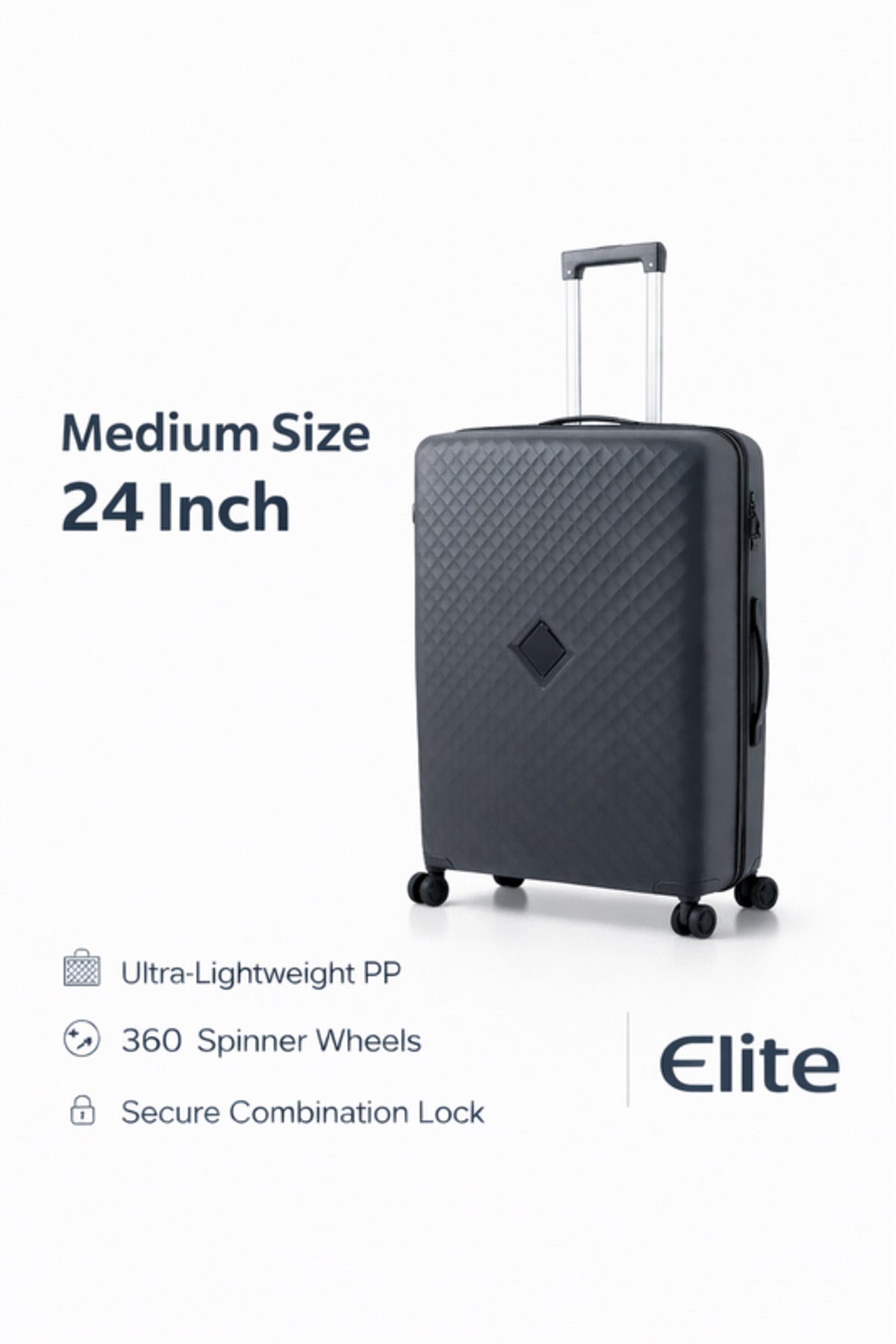 ELITE- Premium Hard-Shell Luggage 24 inch – Lightweight Spinner Suitcase – Dark Grey