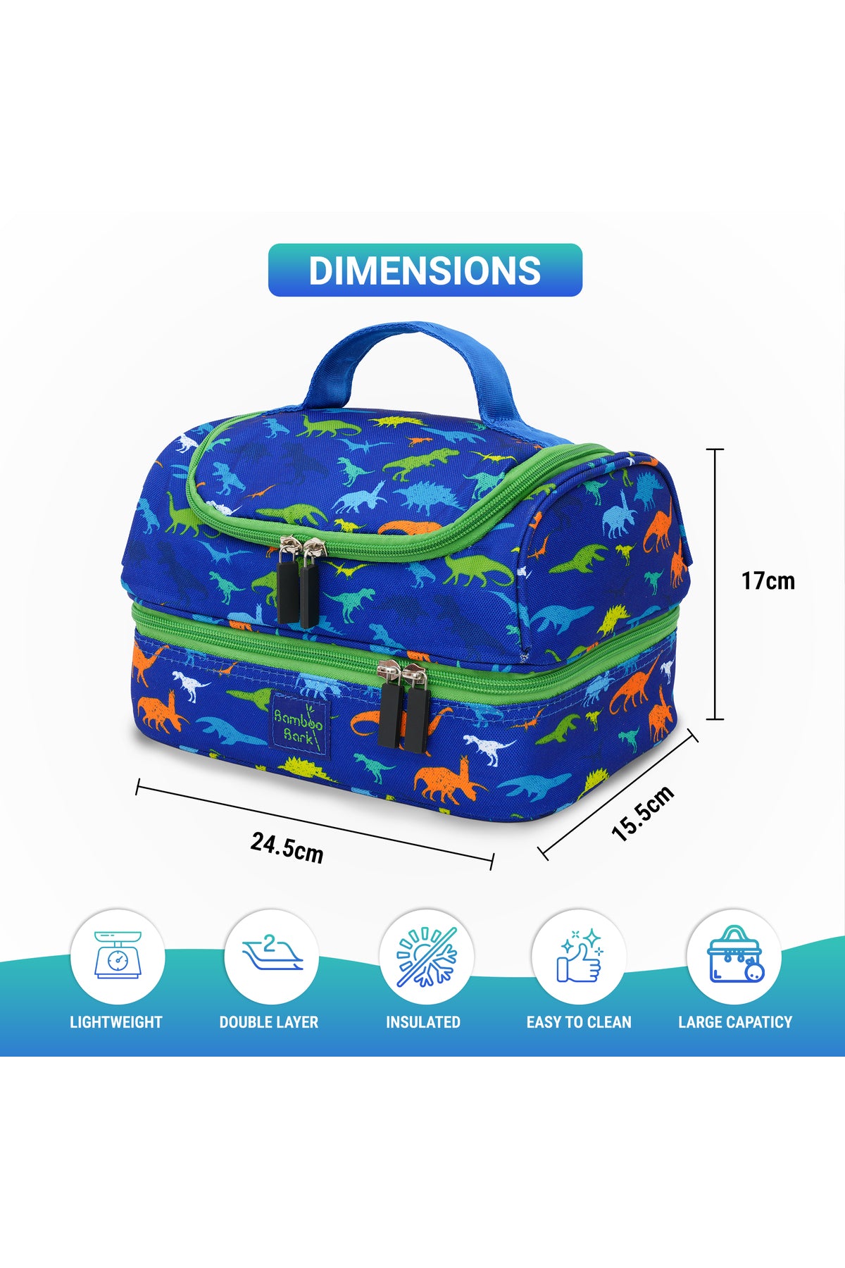Bamboo Bark kids childrens double layer insulated lunch bag for school, picnic, nursery, toddler