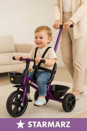 StarMarz Kids Tricycle with Push Handle | Toddler Ride-On Bike with Safety Seat, Backrest & Storage Basket | Baby Trike for Boys & Girls (1–4 Years) - Purple