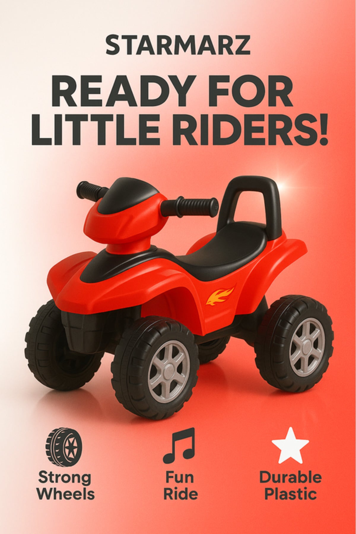StarMarz Mini Quad Ride-On ATV – Foot-to-Floor Baby Ride-On Bike for Kids, Sturdy 4-Wheel Design, Steering Handle & Comfortable Seat – Indoor/Outdoor Toddler Push ATV (1–4 Years) – Red