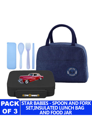Star Babies Insulated Mini Lunch Bag with 5 Compartment Lunch Box and Fork-Spoon Set- Blue