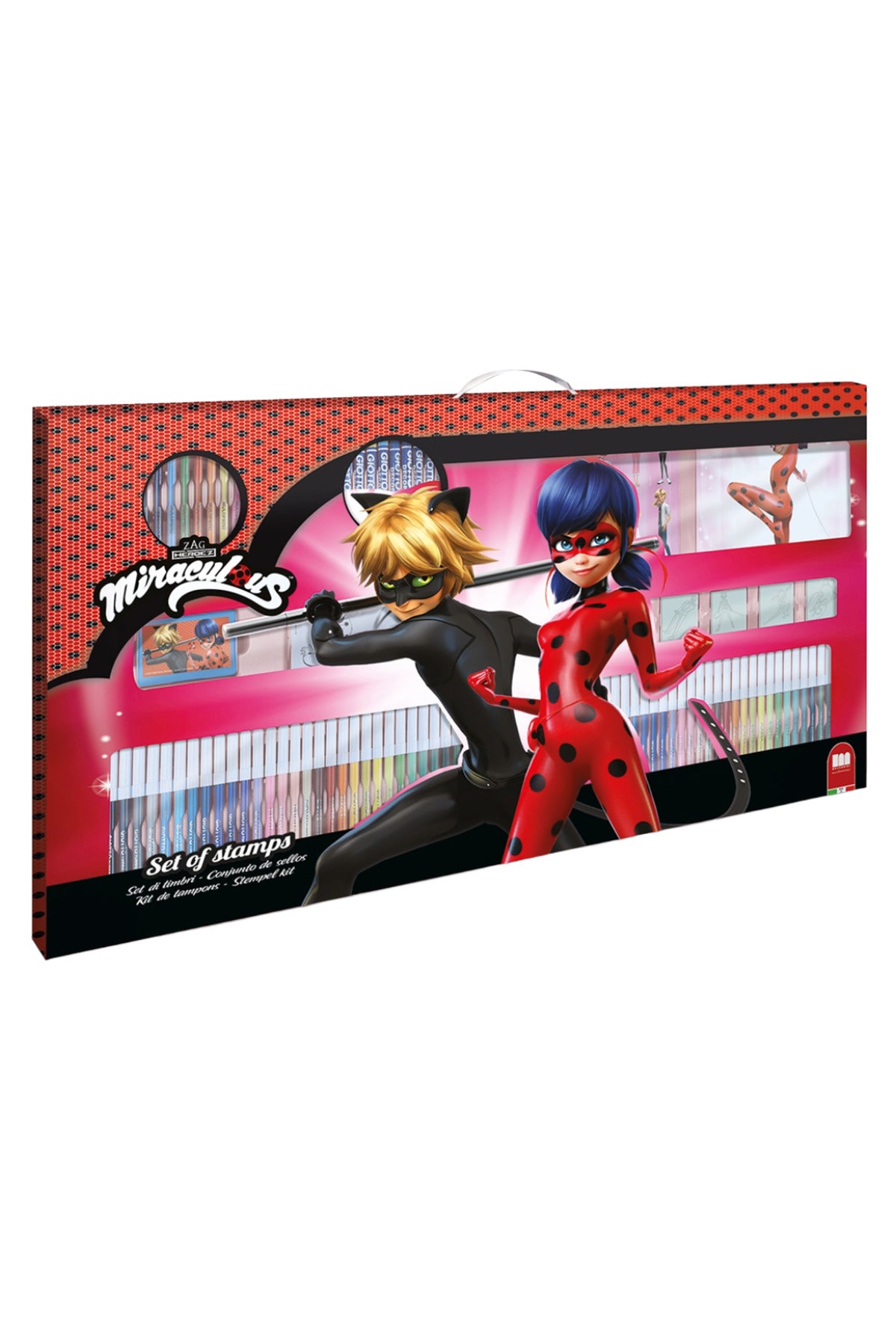 Miraculous Ladybug Mega Maxi Art & Stamp Set for Kids – 6 Wooden Rubber Stamps, Washable Ink Pad, 60 Colour Markers, Crayons, Colouring Book, Notebook & Stickers