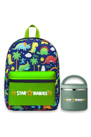 Star Babies Jungle  theme  16-Inch Children's Backpack for boys Adjustable Shoulder Strap- Green With food jar,Green-500ml