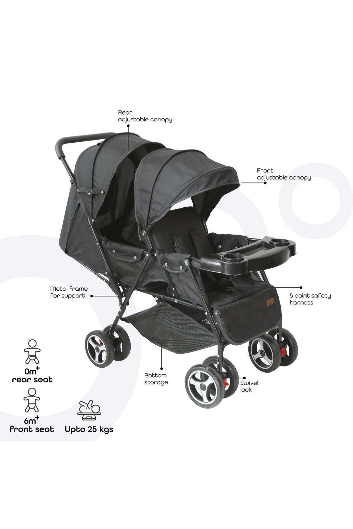 MOON Magnum Tandem Easy Fold Twin Travel Stroller,Black