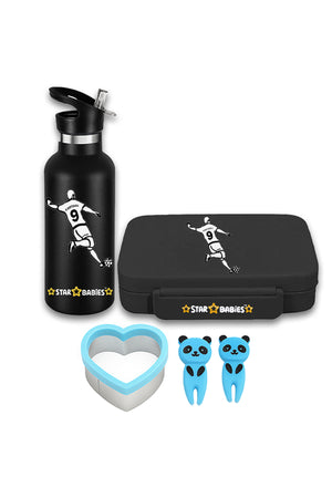 Star Babies - Bento Lunch Box With 4 Compartments & Stainless Steel Water Bottle - Football - 500 ml with Free Sandwich Cutter, Fruits Picks