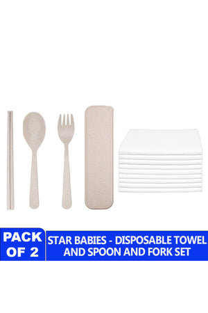 Star babies combo - disposable towel (10 pcs) with organic cuttlery set Cream
