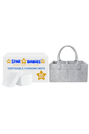 Star Babies - Disposable Changing Pads With Baby Diaper Caddy Organizer 50Pcs - White Grey