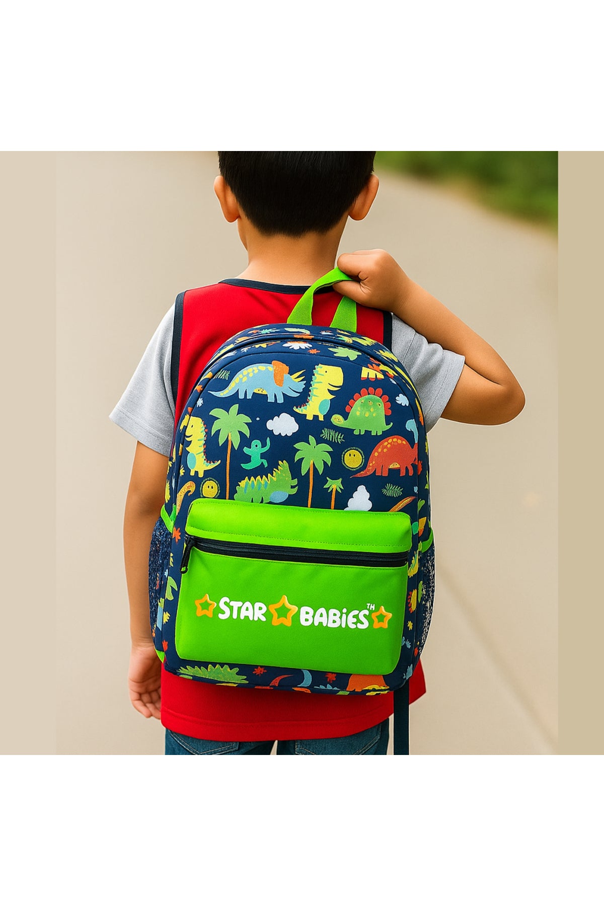 Star Babies Jungle  theme  16-Inch Children's Backpack for boys Adjustable Shoulder Strap- Green With food jar,Green-500ml