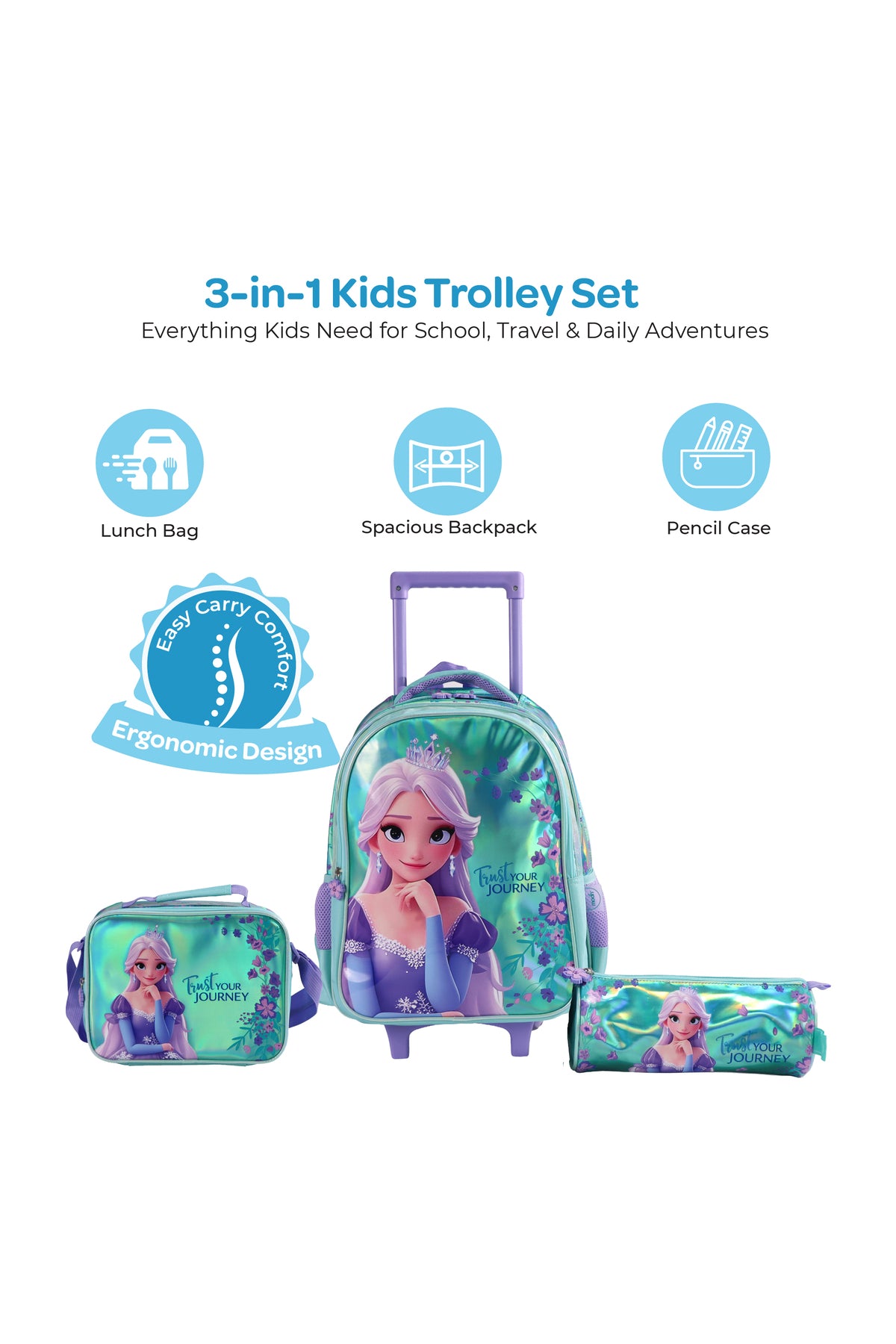 MOON  Elsa 3 in 1 Trolley Set  - (16-Inch) Premium Kids School Bag with Lunch Bag & Pencil Case