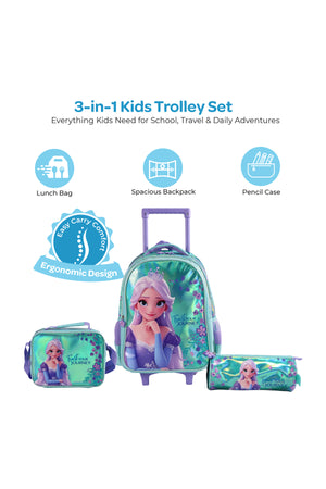MOON  Elsa 3 in 1 Trolley Set  - (16-Inch) Premium Kids School Bag with Lunch Bag & Pencil Case