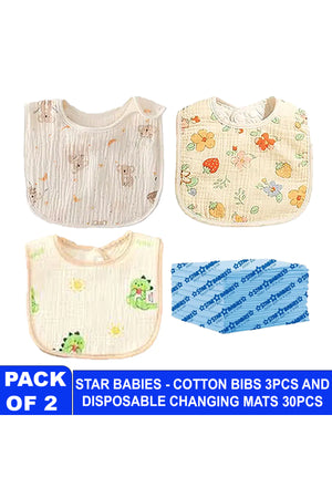 Star Babies - Cotton Bib And Disposable Changing Mat Set - Blue - 33 Pcs