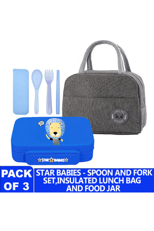 Star Babies Insulated Mini Lunch Bag with 5 Compartment Lunch Box and Fork-Spoon Set- Gray