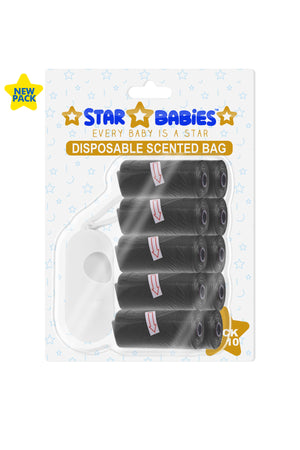 Star Babies - Scented Nappy Bag W/ Dispenser Blister - Pack of 10/150 Bags - Black