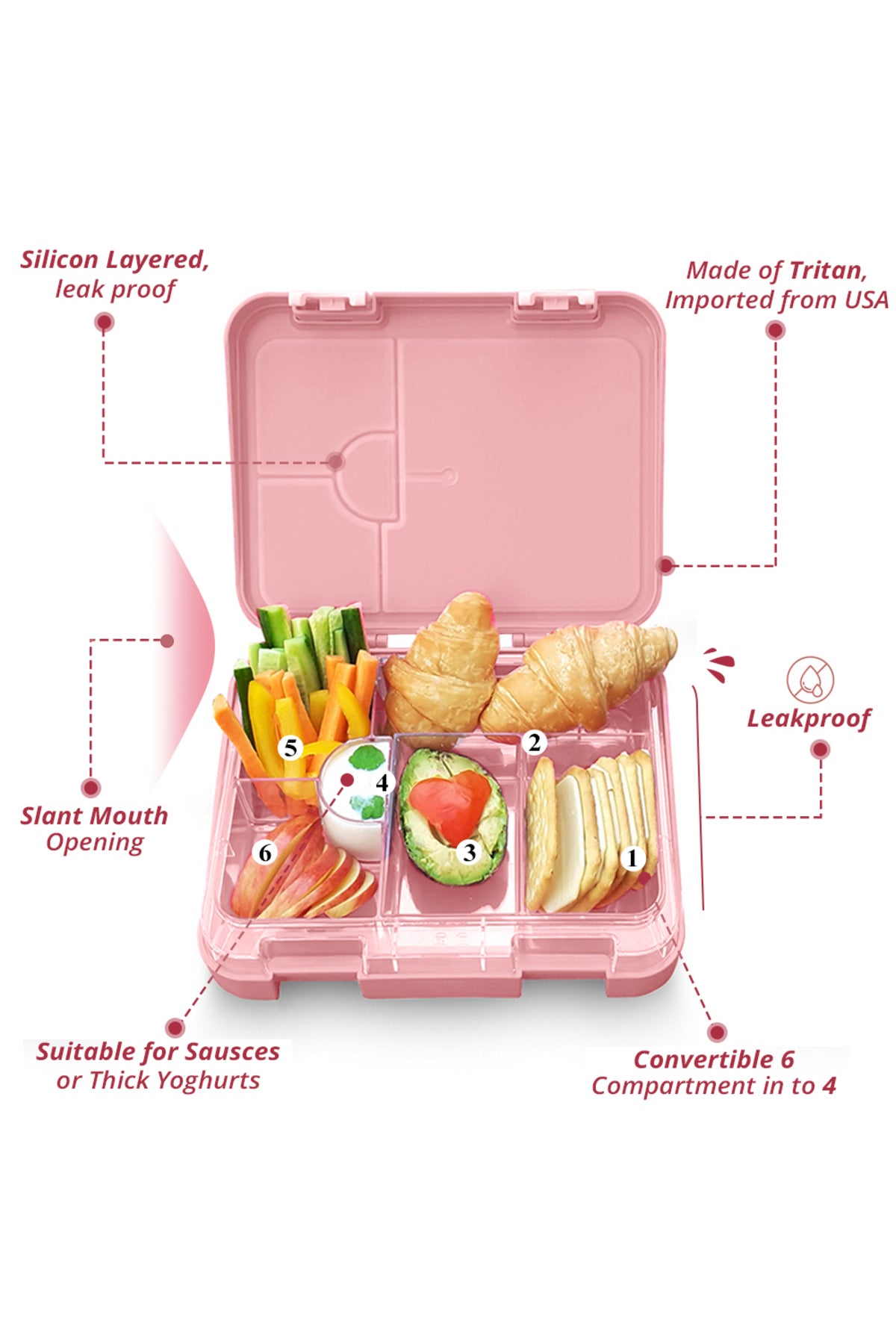 Cocobee Kids Bento Lunch Box – 6 Compartments, Leakproof, Bpa Free, Microwave Safe – Pink