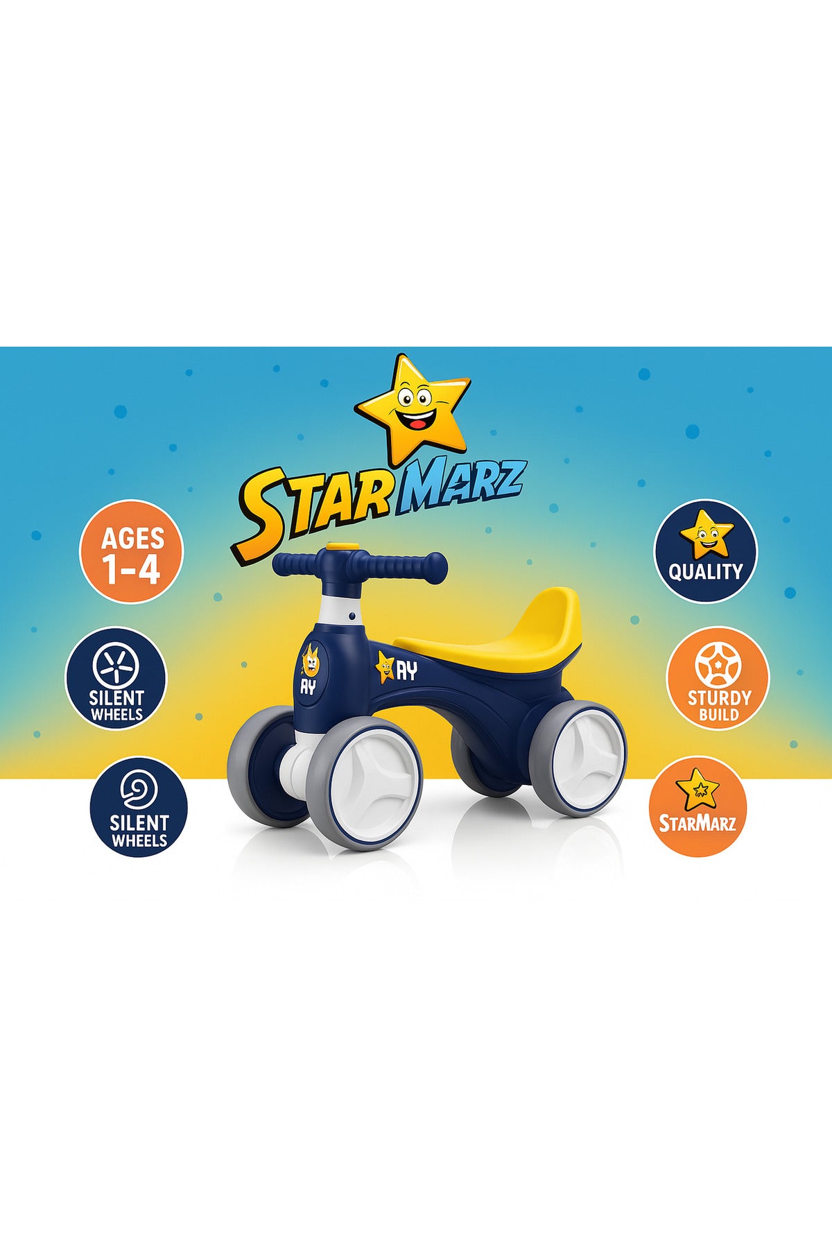 StarMarz Baby Balance Bike – 4-Wheel Toddler Training Bike with Soft Seat, Easy-Grip Handlebar & Silent Wheels – Indoor/Outdoor Ride-On for Babies (10–36 Months) – Blue & White