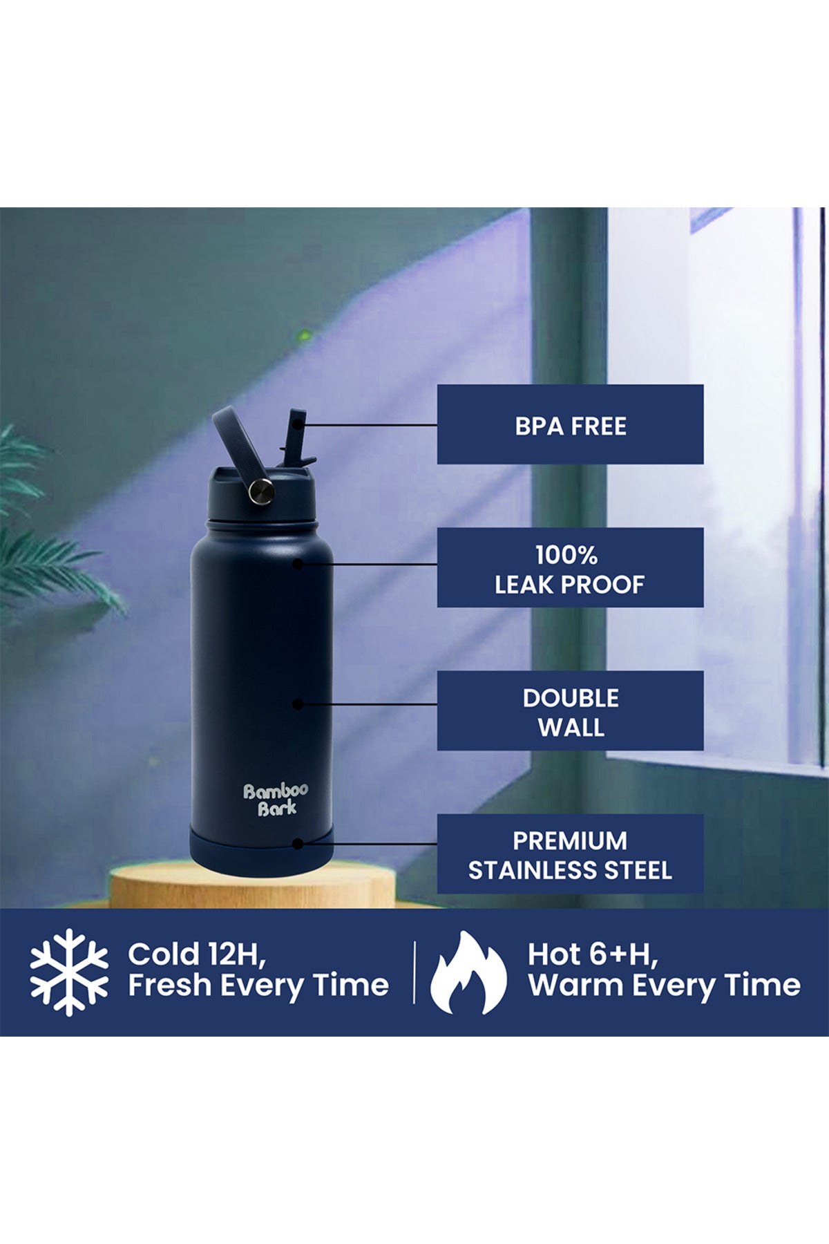 Bamboo Bark 1000 ML Insulated Water Bottle with Sipper Lid – Stainless Steel Double Wall Vacuum Flask for Hot & Cold Water Leak-Proof, Reusable Sports Thermos Bottle - (Deep Navy)