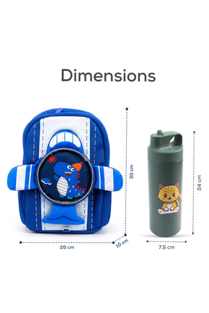 Cocobee Insulated Stainless Steel Vacuum Flask – Leakproof, Odour-Free, Food Grade, 550ml, 3 Years+ – Green + Aeroplane Style Dinosaur Printed Backpack