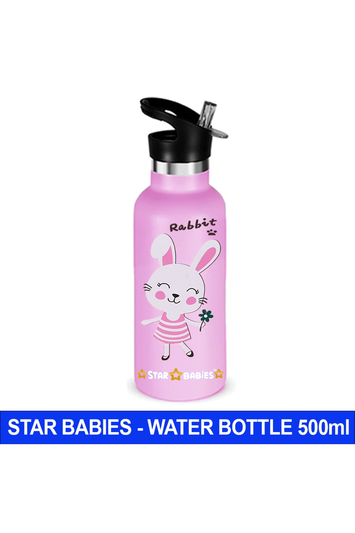 Star Babies Cute Rabbit Theme Anti Spil Stainless Steel 500ml Water Bottles, Vacuum Insulated Double Wall Travel Bottle with Leak-Proof hot and cold with a special Straw 3 to 6 Years-  Pink