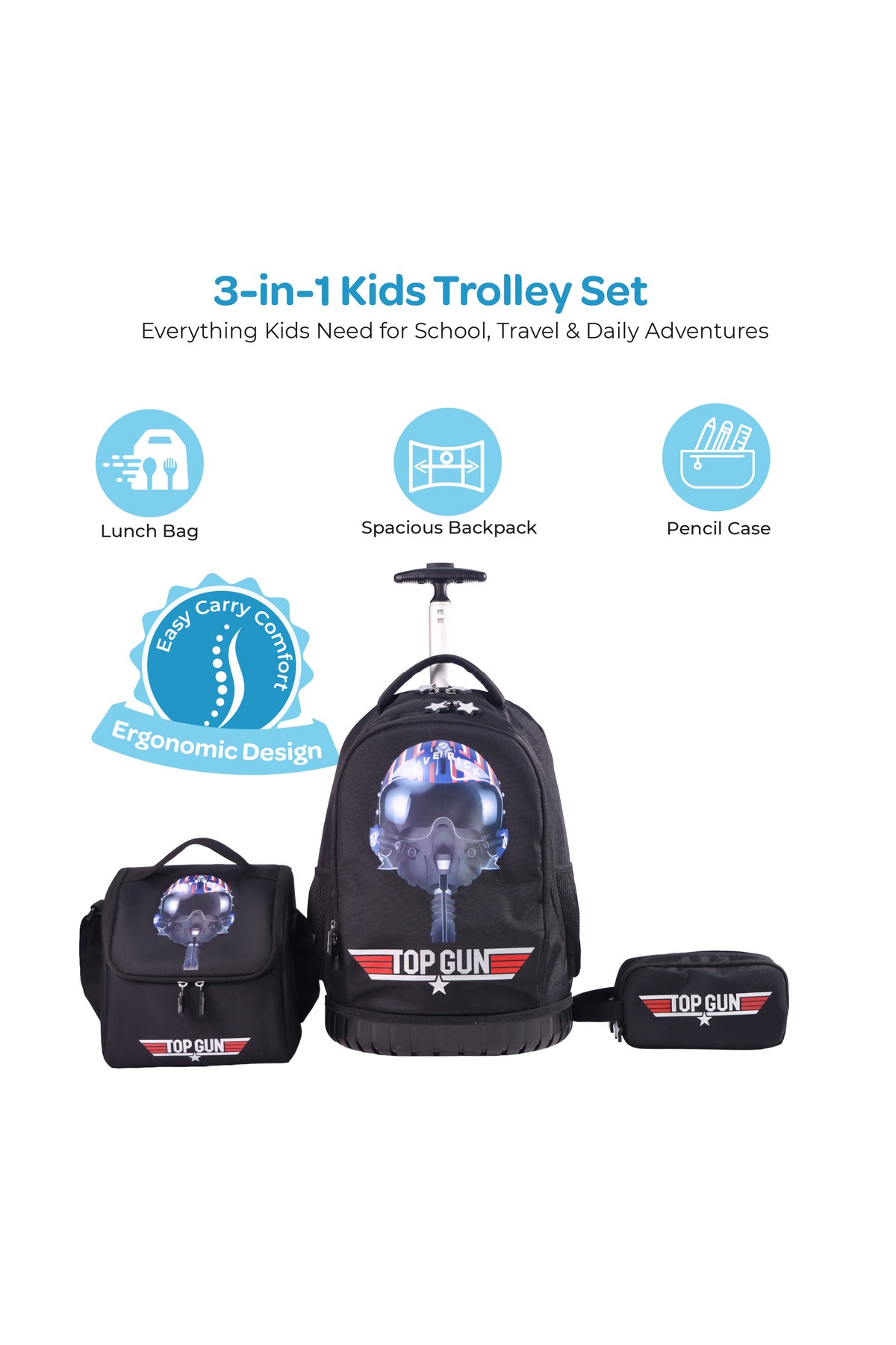 MOON Licensed Top Gun 3-in-1 Kids Trolley Backpack Set  - (18-Inch) Premium Kids School Bag with Lunch Bag & Pencil Case-Black