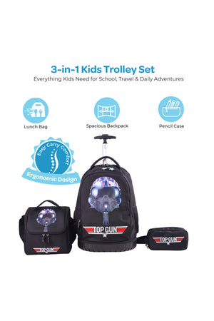 MOON Licensed Top Gun 3-in-1 Kids Trolley Backpack Set  - (18-Inch) Premium Kids School Bag with Lunch Bag & Pencil Case-Black