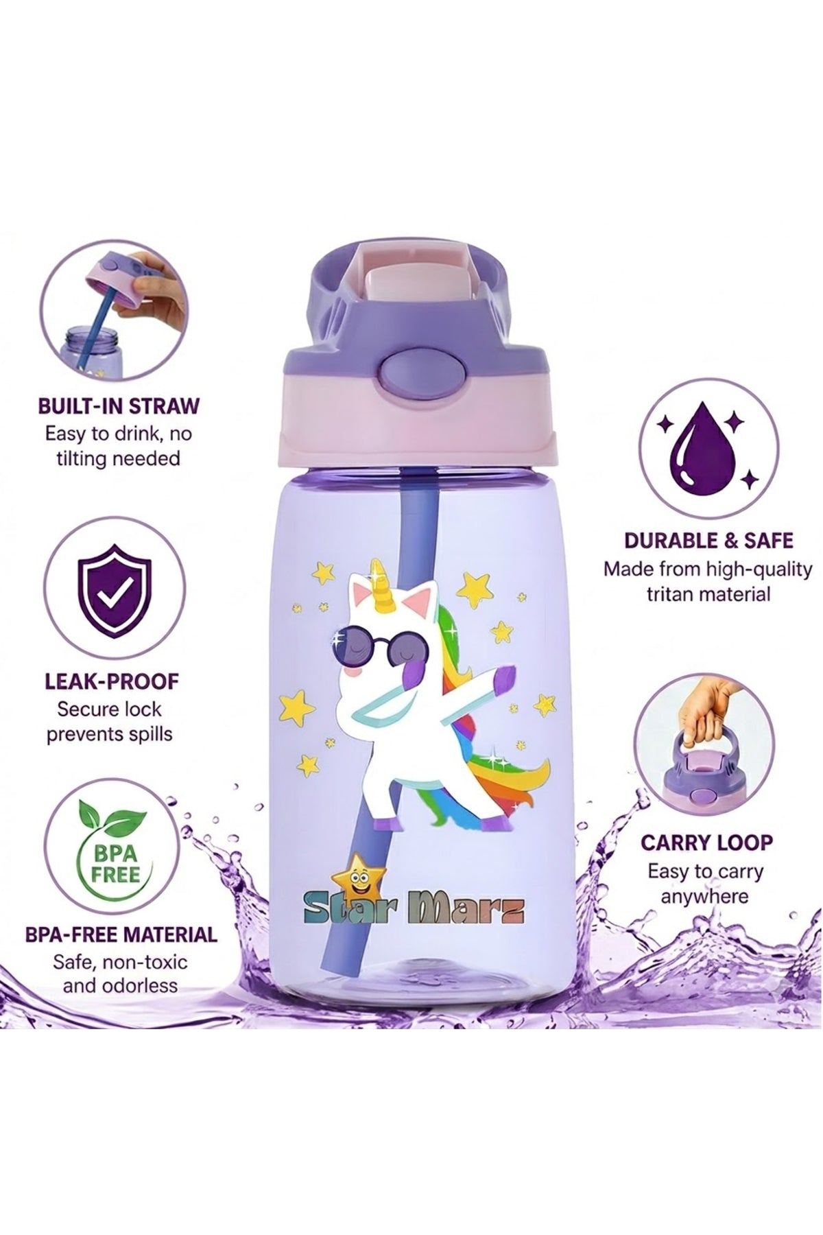 StarMarz - Little Princes Pink Bento Glitter Lunch Box with Plastic Water Bottle Dancing Unicorn (480ml) - Purple