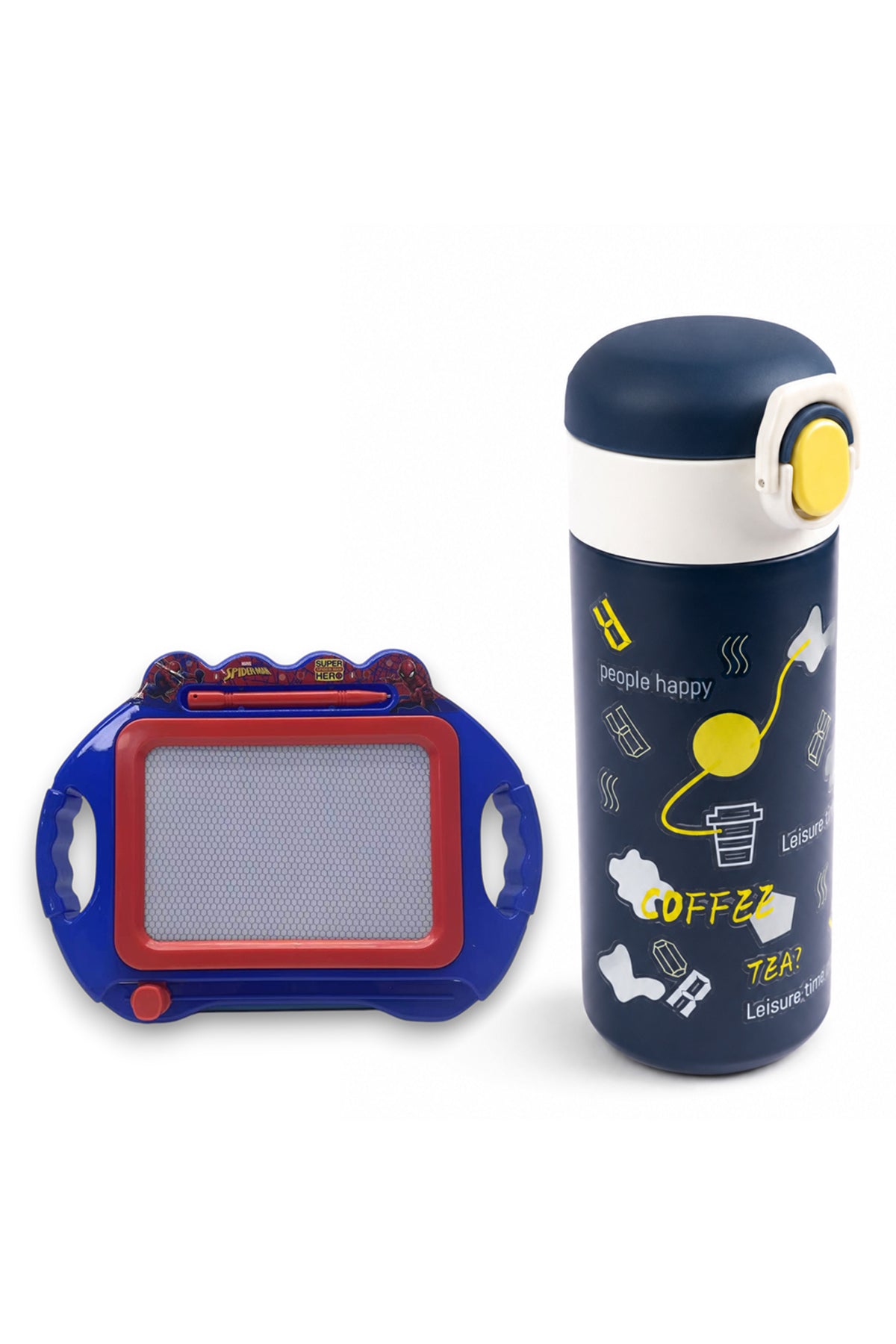 Cocobee 500ml Insulated Stainless Steel Water Bottle – Leakproof, Odour-Free, with Soft Grip Handle – Blue (Ages 3+) + Marvel Spider-Man Magic Writing Board