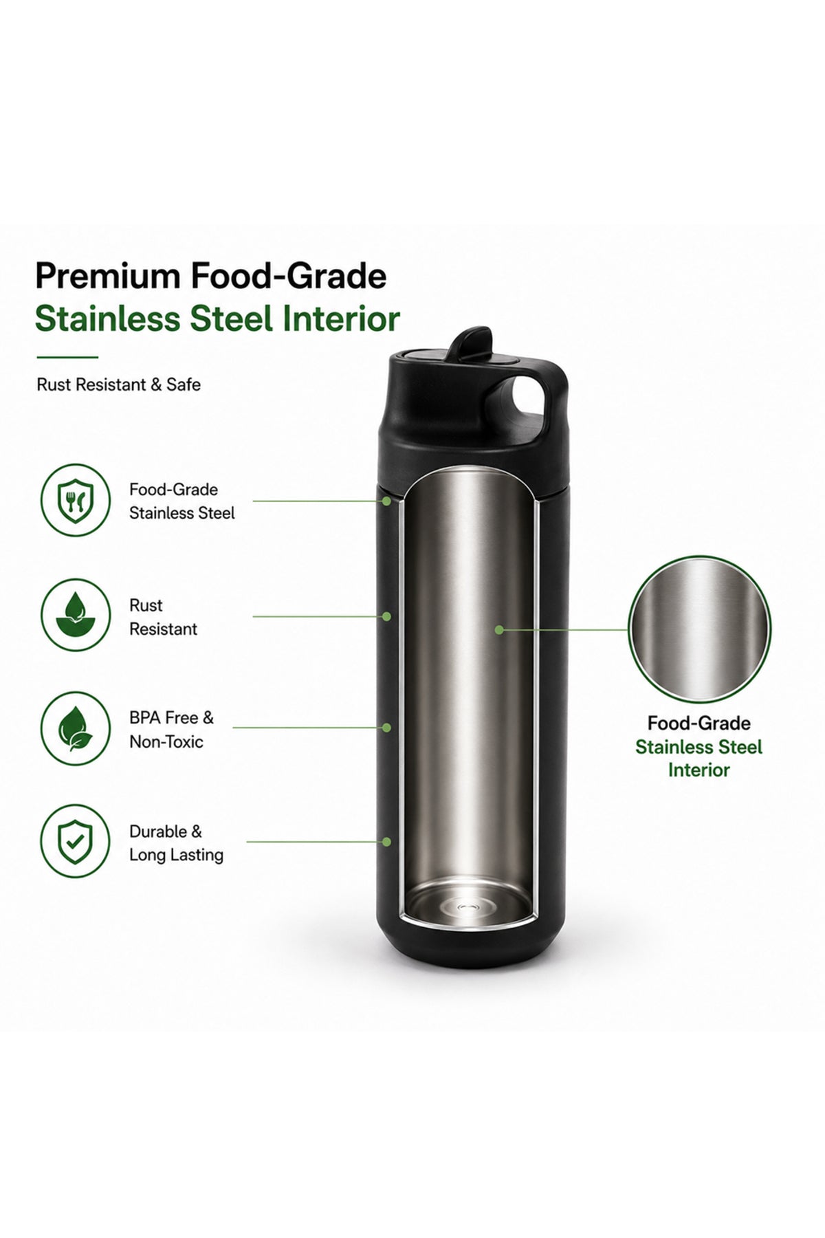 Cocobee 550Ml Black Stainless Steel Vacuum Flask – Leakproof, Odour-Free, Food Grade, For Kids 3+(Black)