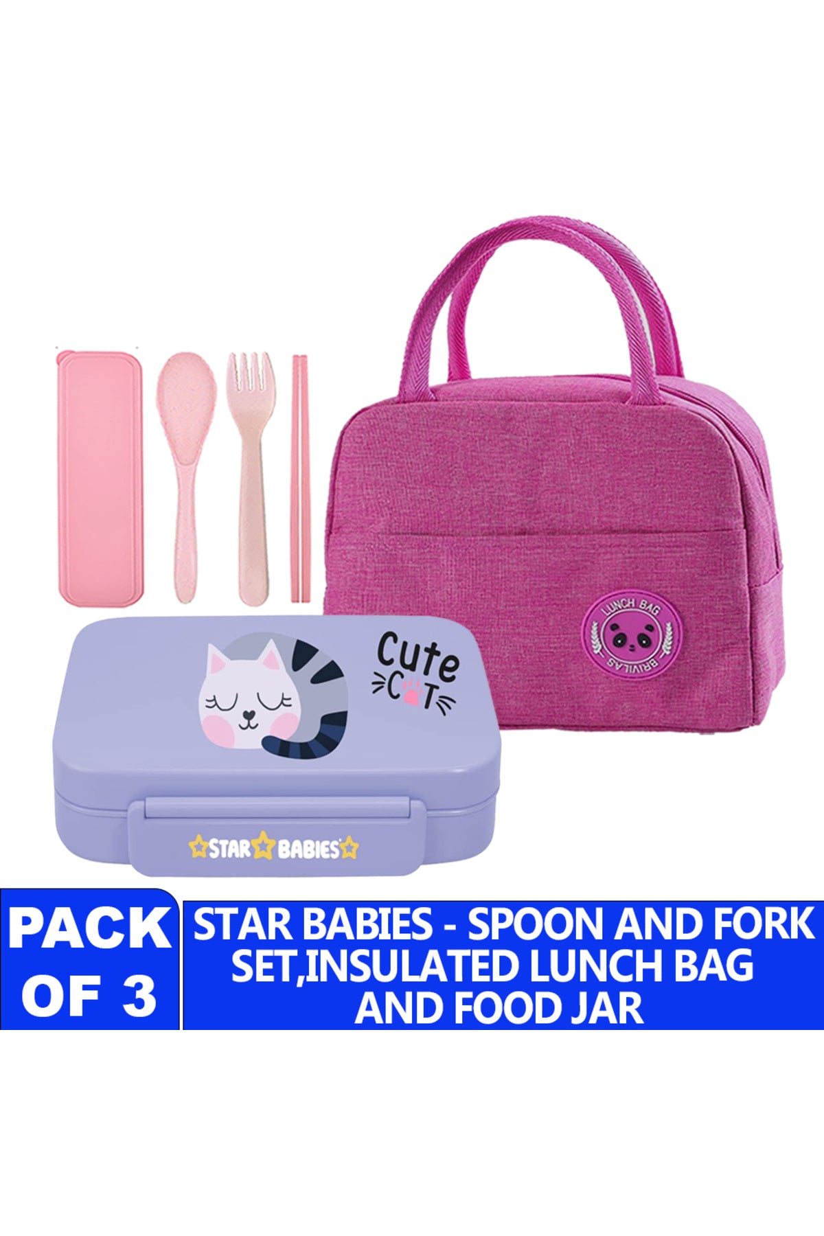 Star Babies Insulated Mini Lunch Bag with 5 Compartment Lunch Box and Fork-Spoon Set- Lavender