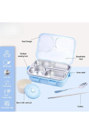 Star Babies Food Grade 304 Stainless Steel Bento Lunch Box with 4 Compartments and Leak-Proof Lid - Blue