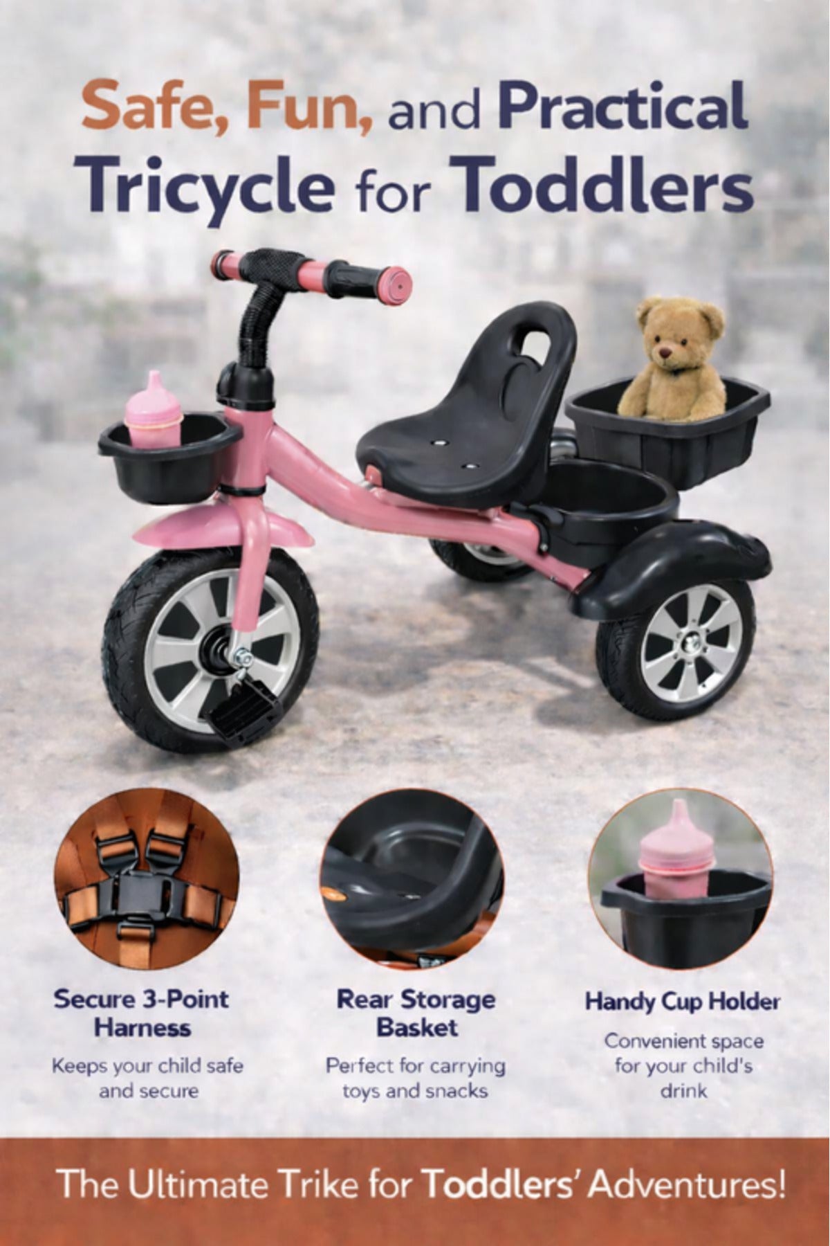 StarMarz Toddler 3-Wheel Tricycle Ride-On Toy with Safety Seat, Cup Holder & Rear Storage Basket - Pink