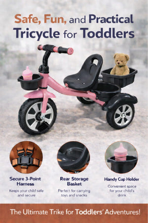 StarMarz Toddler 3-Wheel Tricycle Ride-On Toy with Safety Seat, Cup Holder & Rear Storage Basket - Pink