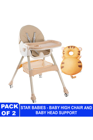 Star Babies - Foldable High Chair & Baby Head Support Cushion Set - Beige/Brown - 2 Pcs