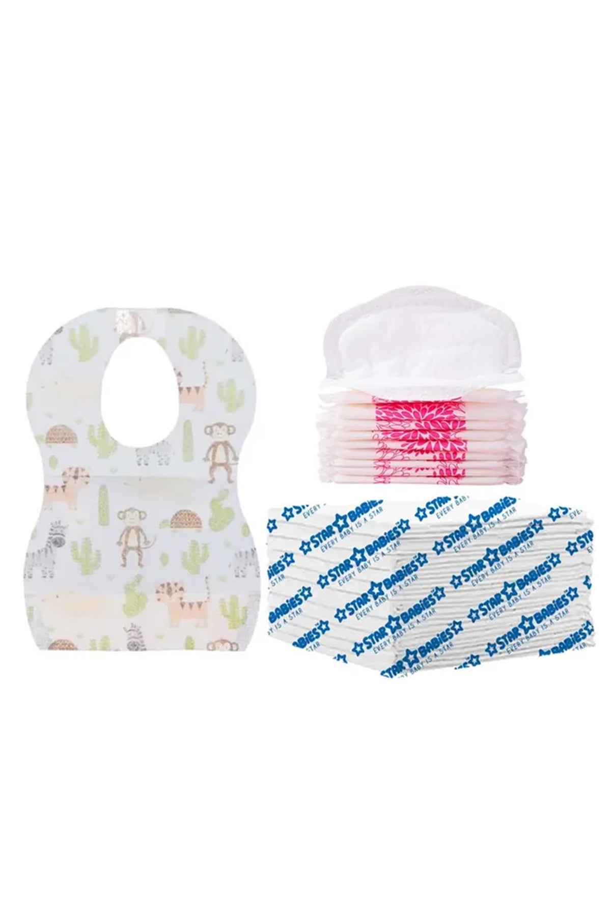 Star Babies - Disposable Changing Mat 10pcs, Breast Pad 10pcs, Bibs 10pcs - White