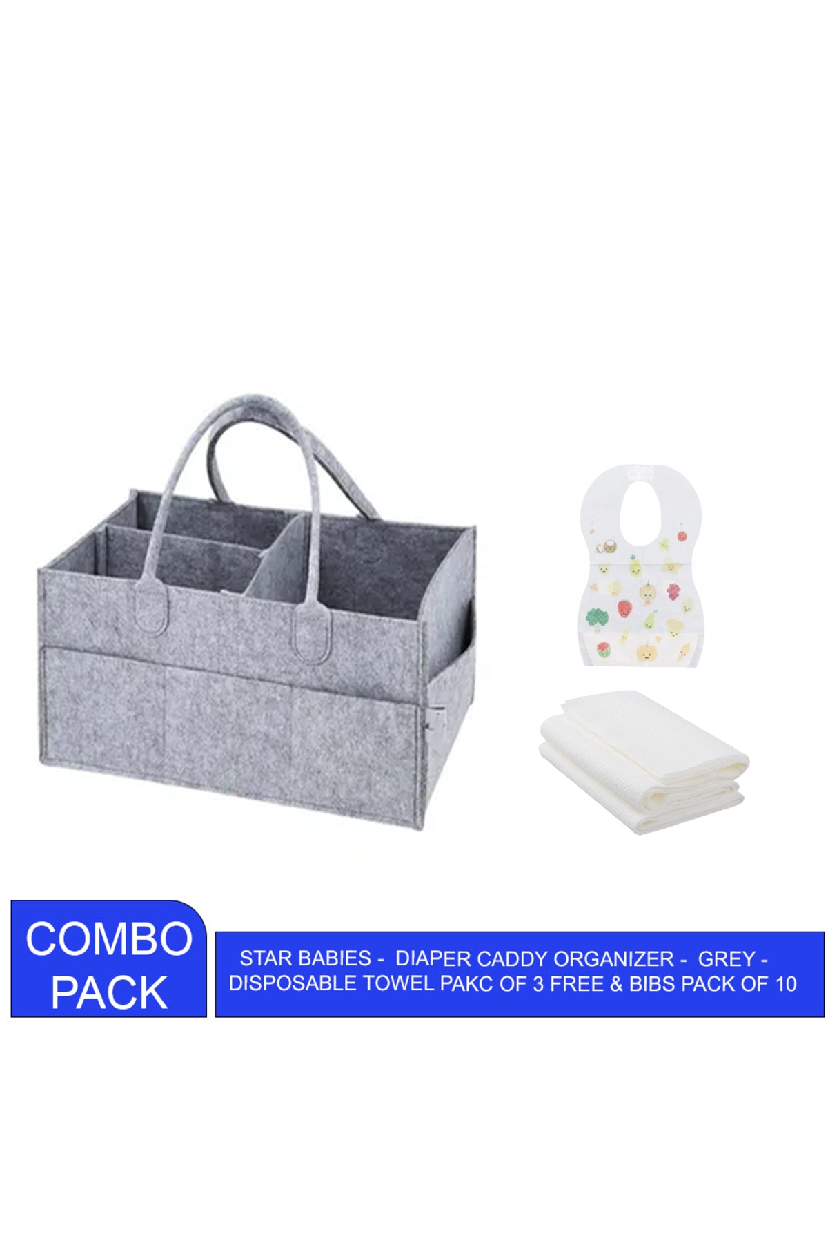 Star Babies - Caddy Diaper Organizer & Disposable Towel 3pcs & Bibs 10pcs - Grey